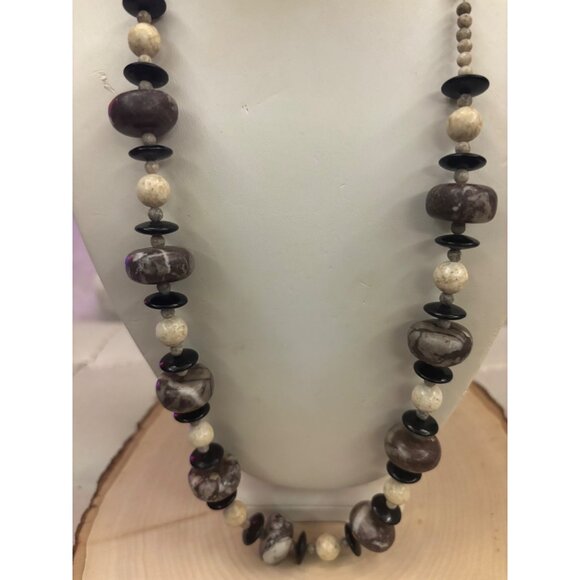 Artisan Natural Stone Necklace Handcrafted Jasper, Fossil & Onyx Beads Statement - Picture 13 of 14